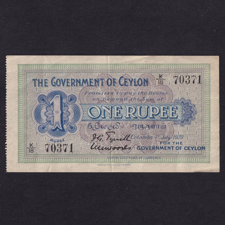 Ceylon (P116b) 1 Rupee, 1st July 1929, K/18 70371, VF