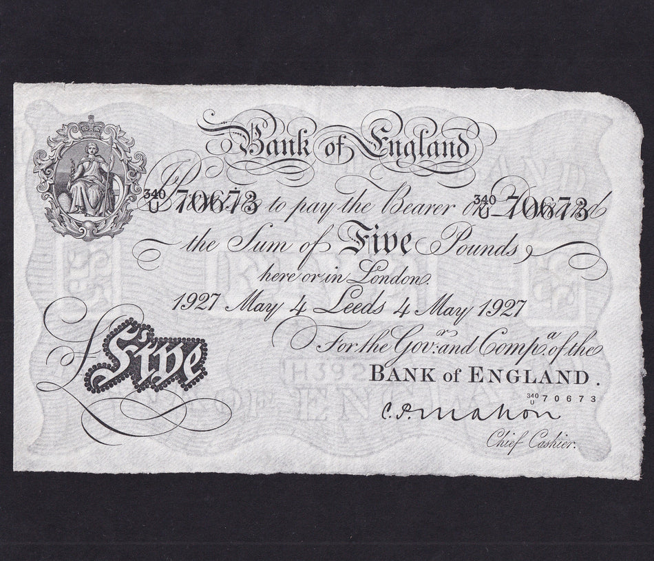 Bank of England (B215d) Mahon, £5, Leeds branch, 4 May 1927, 340U 70673, pressed, small edge tear, VF