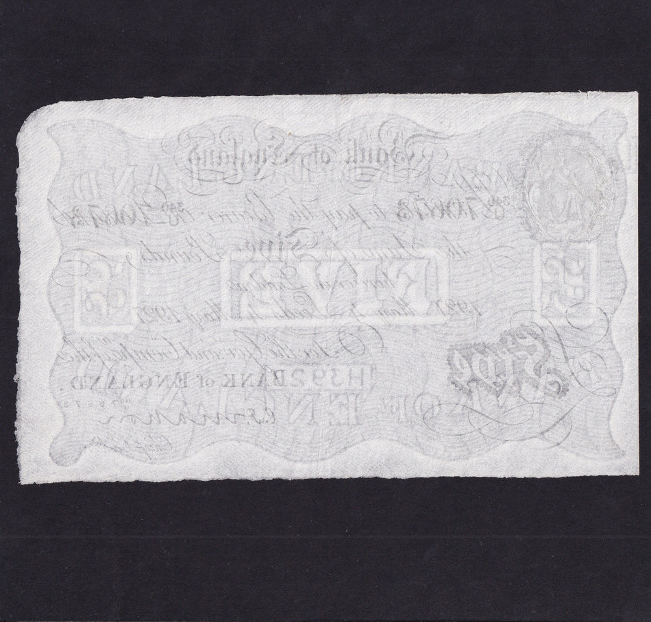 Bank of England (B215d) Mahon, £5, Leeds branch, 4 May 1927, 340U 70673, pressed, small edge tear, VF