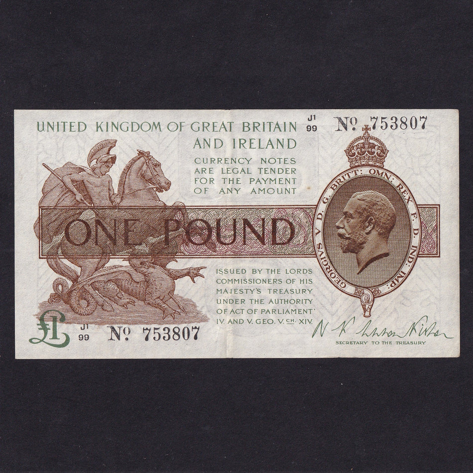 Treasury Series (T31) Fisher, £1, J1/99 753807, watermark composite, serial indents reverse, VF