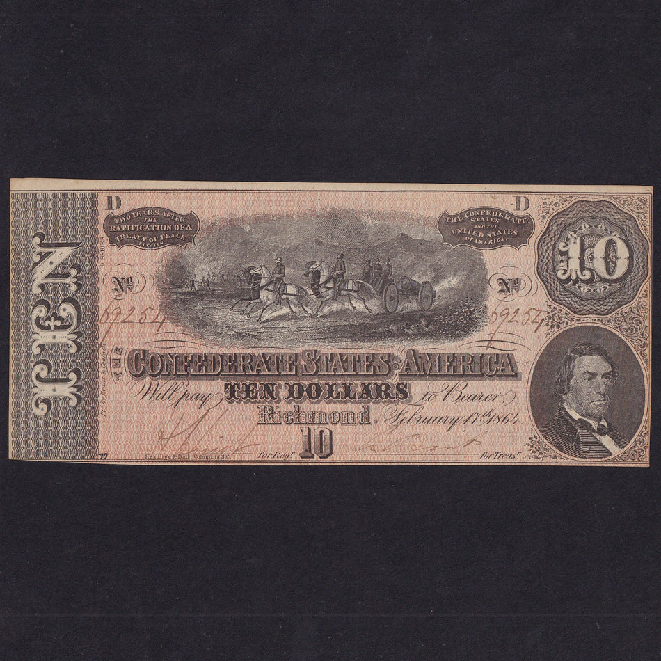 Confederate States (P68) $10, 1864, no.69254, Good EF