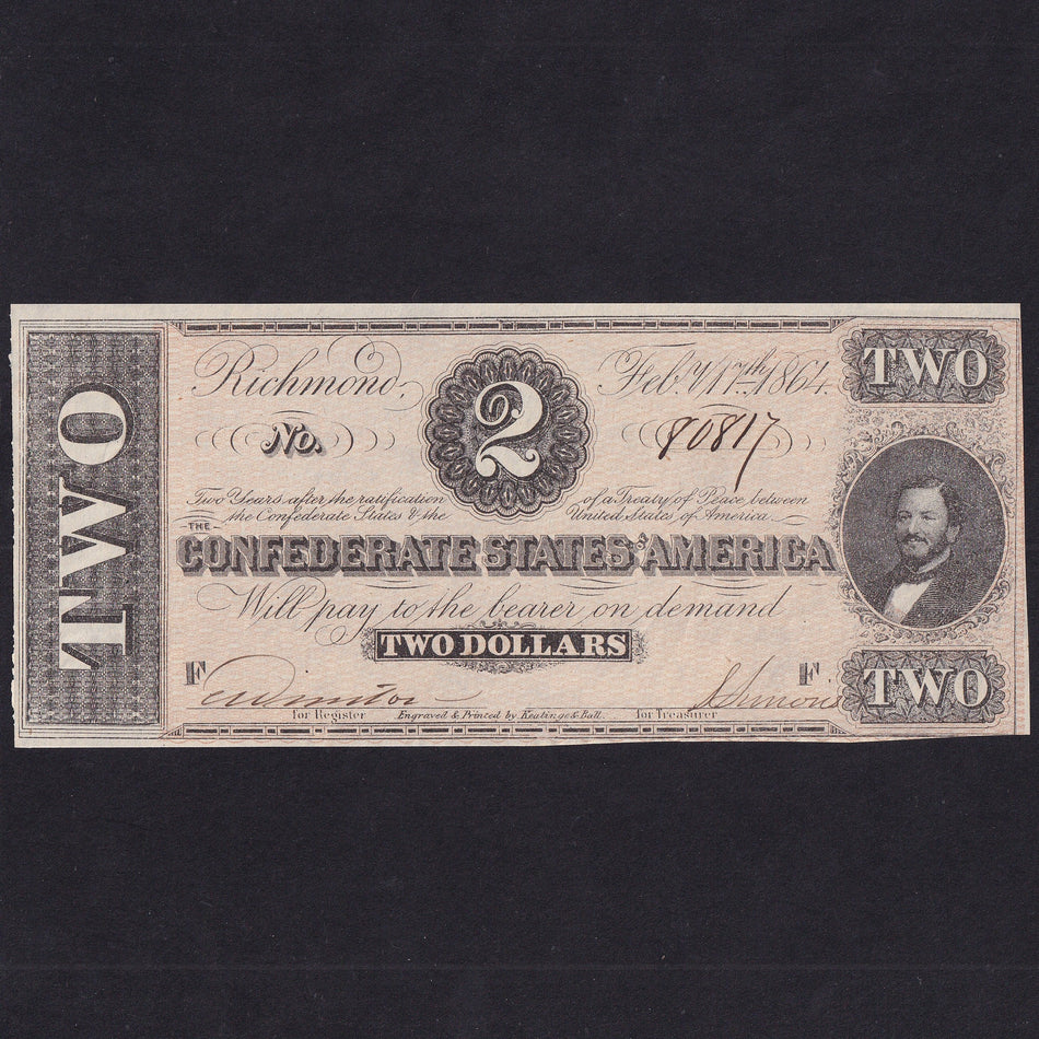 Confederate States (P66b) $2, 1864, Benjamin, no.80817, ragged edge, otherwise Good EF