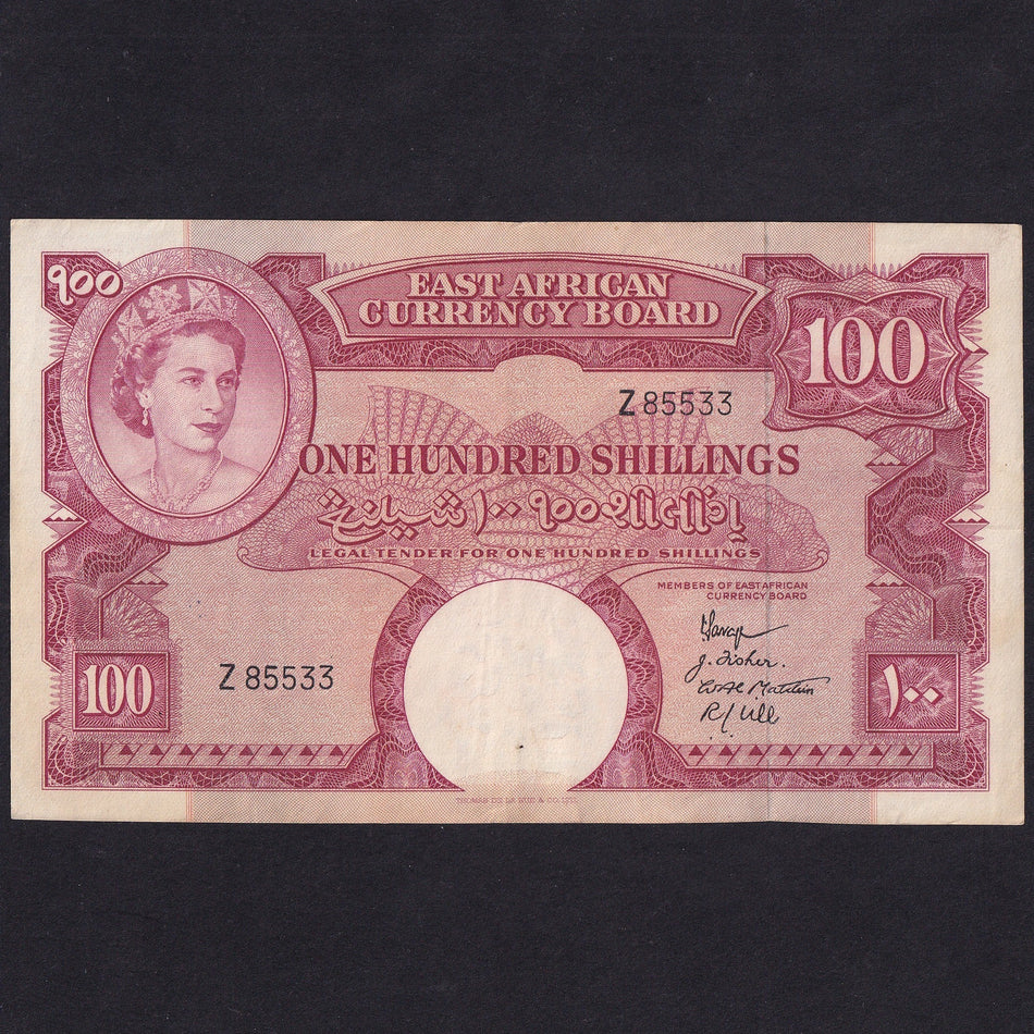 East Africa (P40) 100 Shillings, 1958, QEII, four signatures, Z85533, A/VF