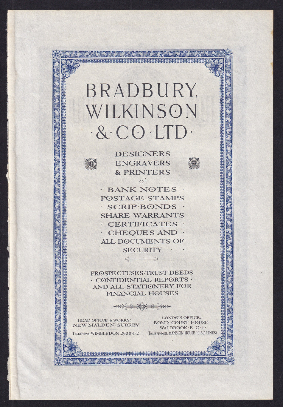 Promotional - Bradbury Wilkinson, 19xx, engraver at work promotional note but obverse text Bradbury Wilkinson & Co Ltd on obverse, Good EF