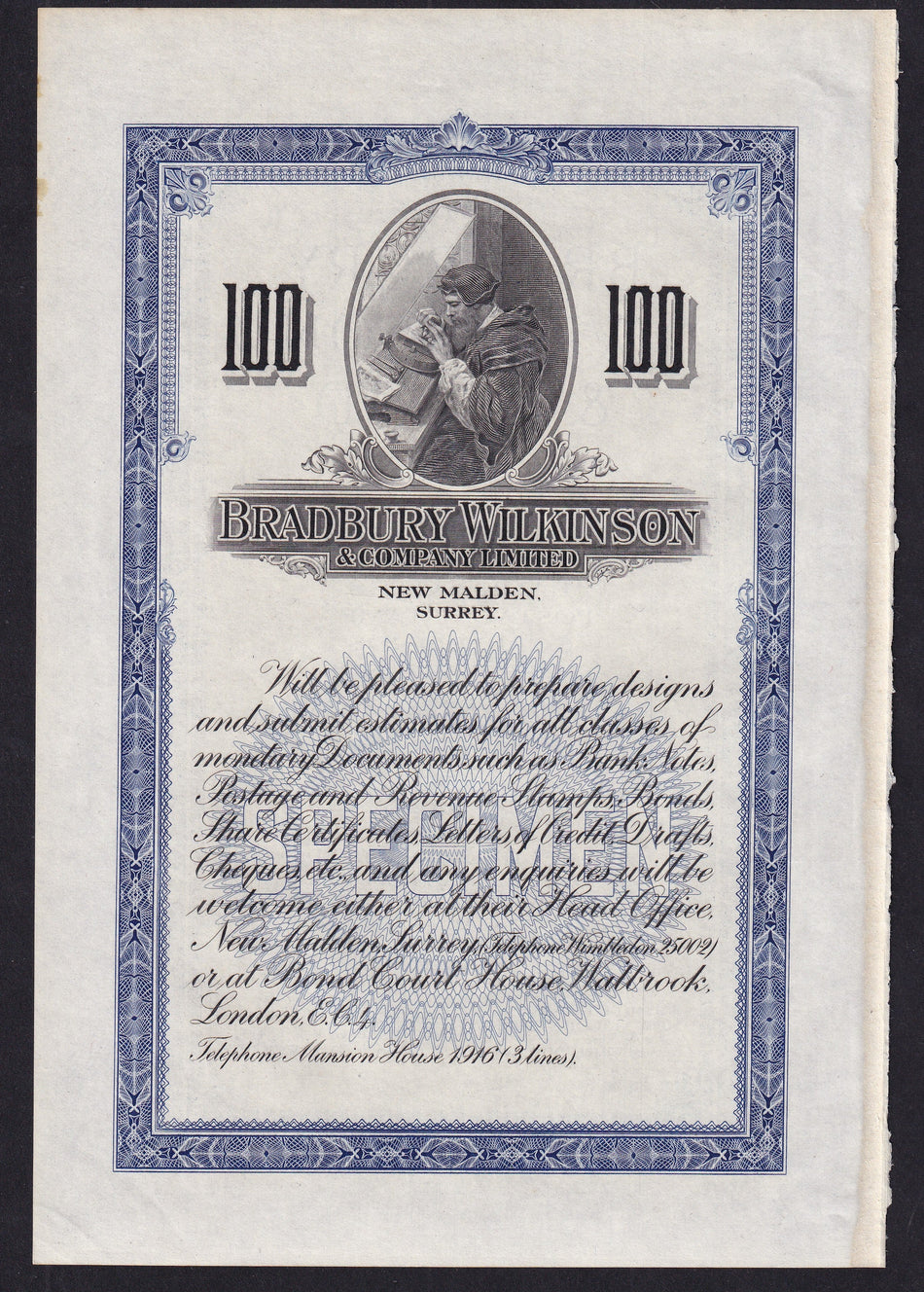 Promotional - Bradbury Wilkinson, 19xx, engraver at work promotional note but obverse text Bradbury Wilkinson & Co Ltd on obverse, Good EF
