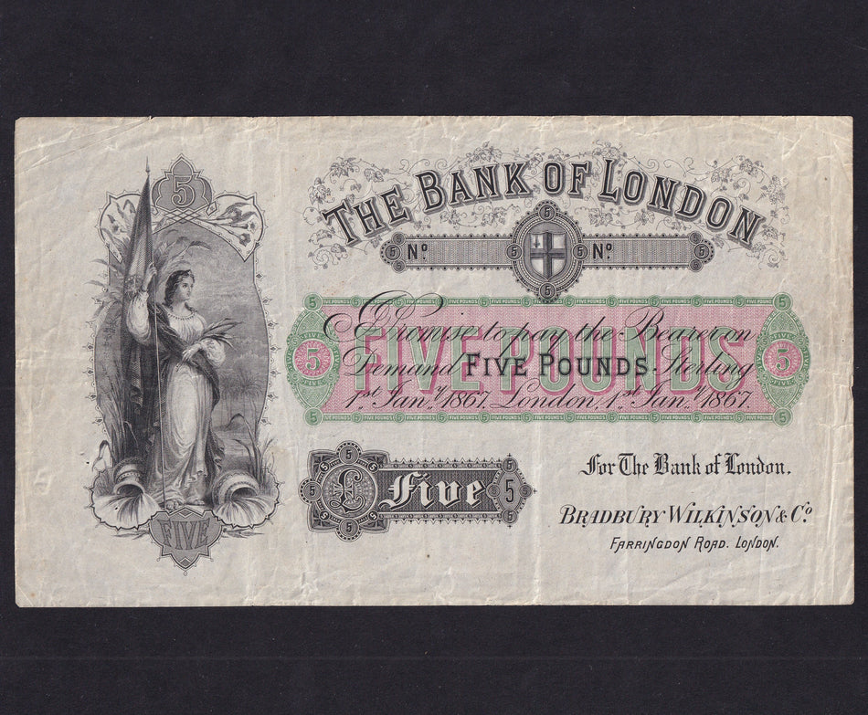 Promotional - Bradbury Wilkinson, The Bank of London, £5, 1867, promotional note, A/VF