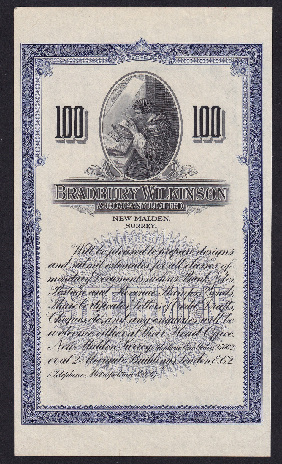 Promotional - Bradbury Wilkinson, 1932, engraver at work promotional note, Good EF