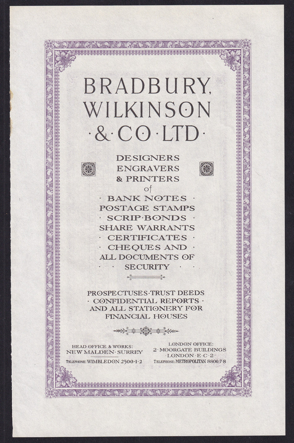 Promotional - Bradbury Wilkinson, 19xx, Head Office & Works promotional note but obverse text Bradbury Wilkinson & Co Ltd on obverse , Good EF