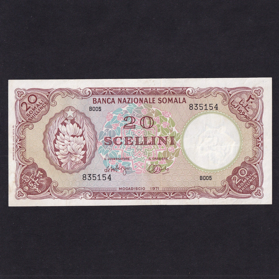 Somalia (P15c) 20 Scellini, 1971, signature 4, B005 835154, pressed, VF