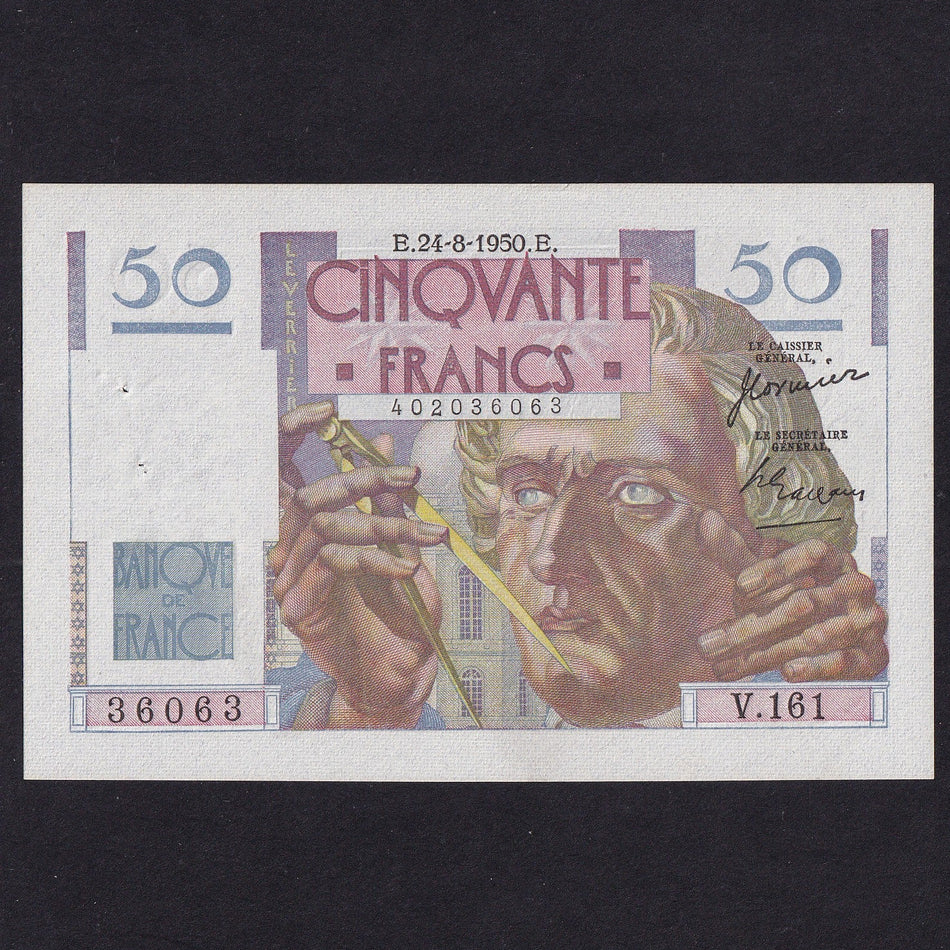 France (P129c) 50 Francs, 24.8.1950, V161 36063, pinholes from pin, Good EF