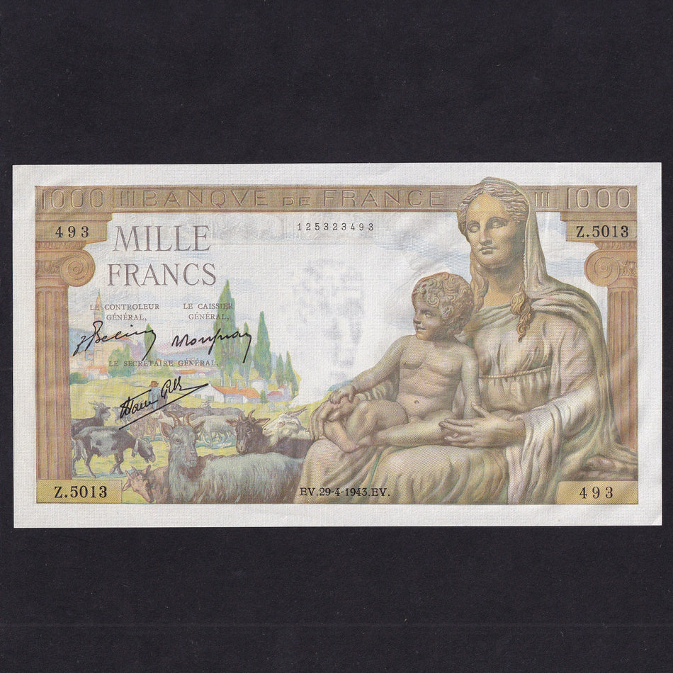France (P102) 1000 Francs, 29th April 1943, Z5013 493, UNC