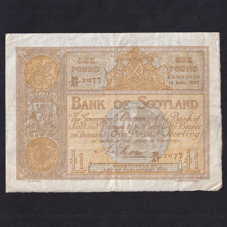 Scotland (P81d) Bank of Scotland, £1, 19th April 1927, Rose, 38/AT 2077, PMS 89e, Good VF