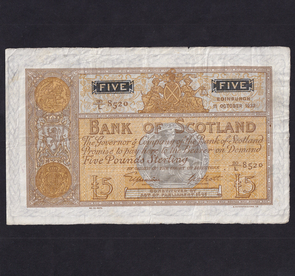 Scotland (P87) Bank of Scotland, £5, 11th October 1932, Elphinstone/ Scott, 20/L 8520, PMS 90f, small tear, Good Fine