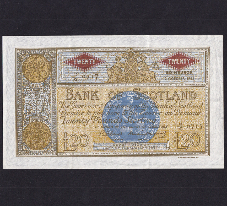 Scotland (P94f) Bank of Scotland, £20, 2nd October 1963, 10G 0717, PMS 109g, Good VF