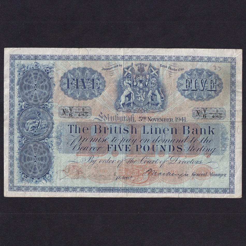 Scotland (P158a) British Linen Bank, £5, 5th November 1941, V/6 1/485, Mackenzie, PMS BL66c, Fine