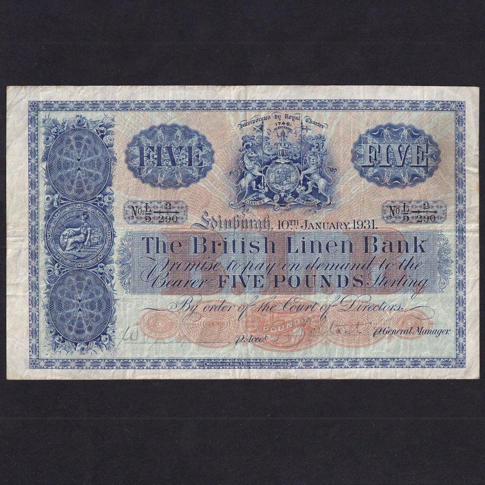 Scotland (P152) British Linen Bank, £5, 10th January 1931, L/5 2/290, PMS BL60, Good Fine