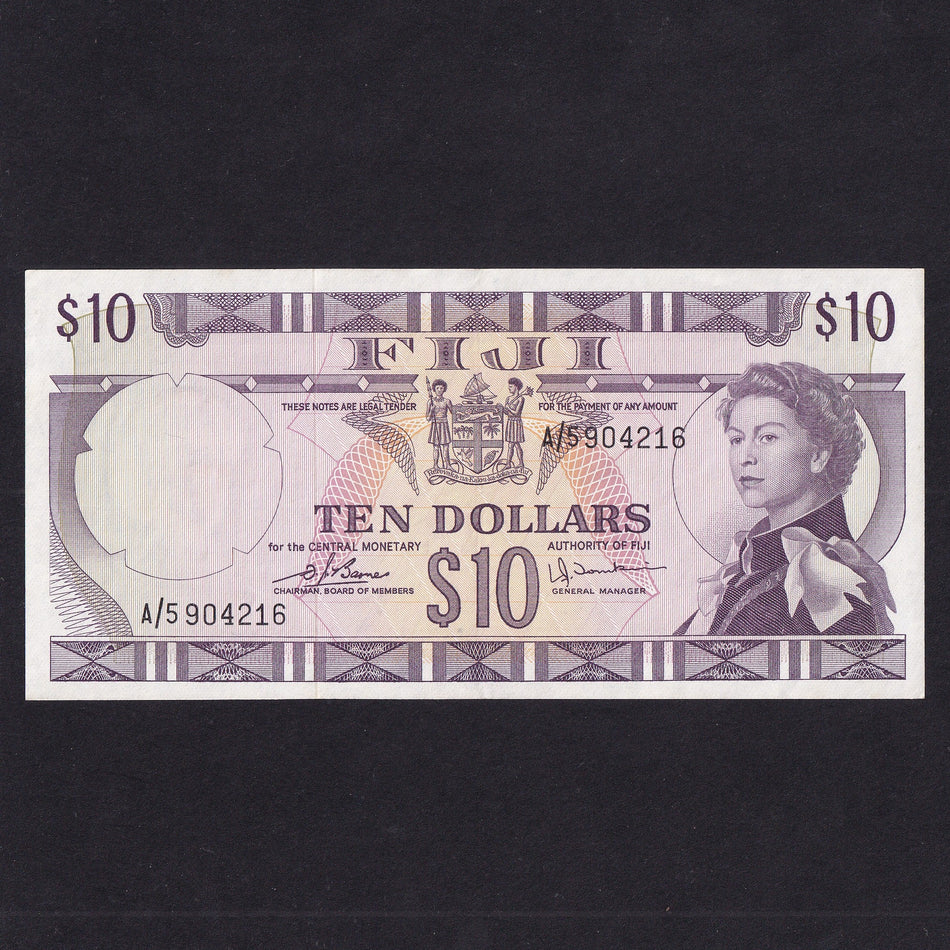 Fiji (P74b) $10, QEII, Barnes/ Tomkins, A/5 904216, Good VF