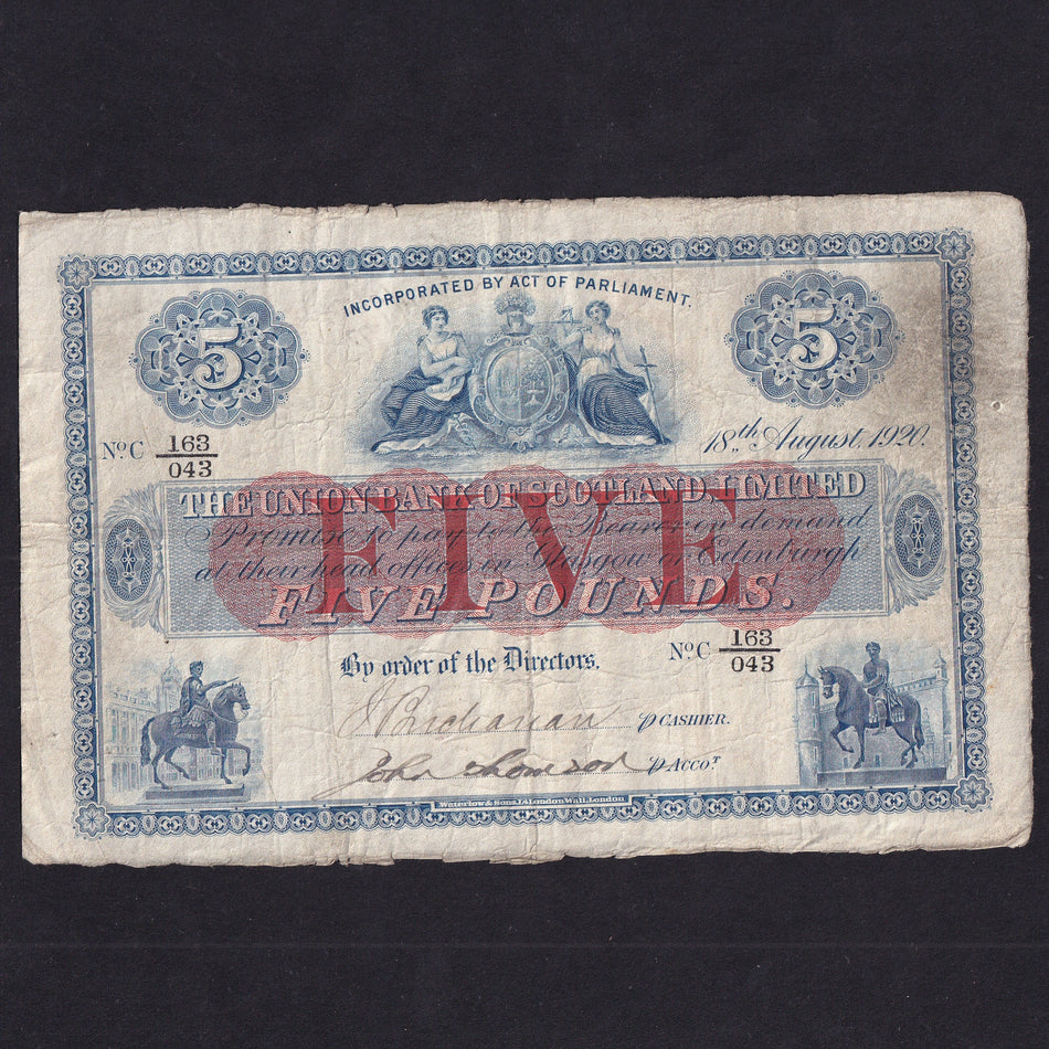 Scotland (PS806) Union Bank of Scotland, £5, 18th August 1920, No.C 163/043, PMS UB58, VG/ Fine