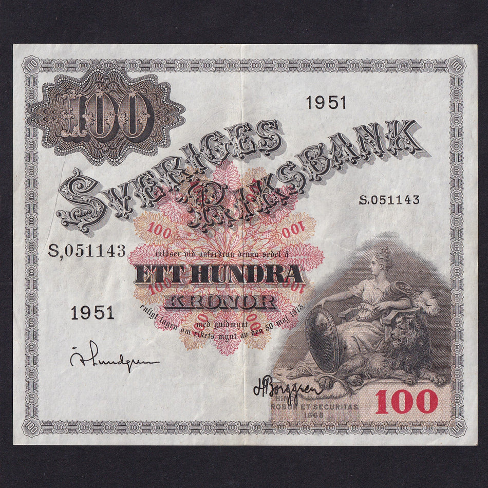 Sweden (P36ag) 100 Kronor, 1951, S,051143, Good VF