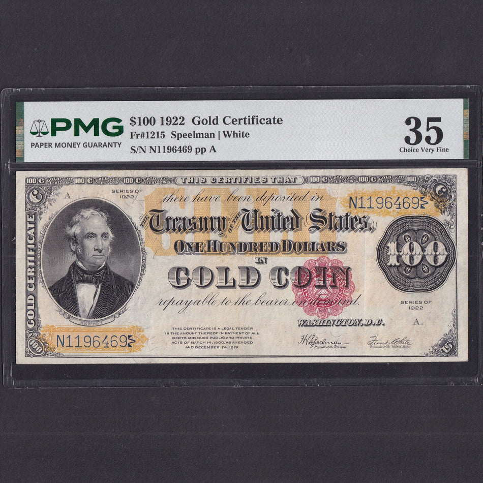 USA (P277) $100 Gold Certificate, 1922, Speelman/ White, PMG35, Choice VF