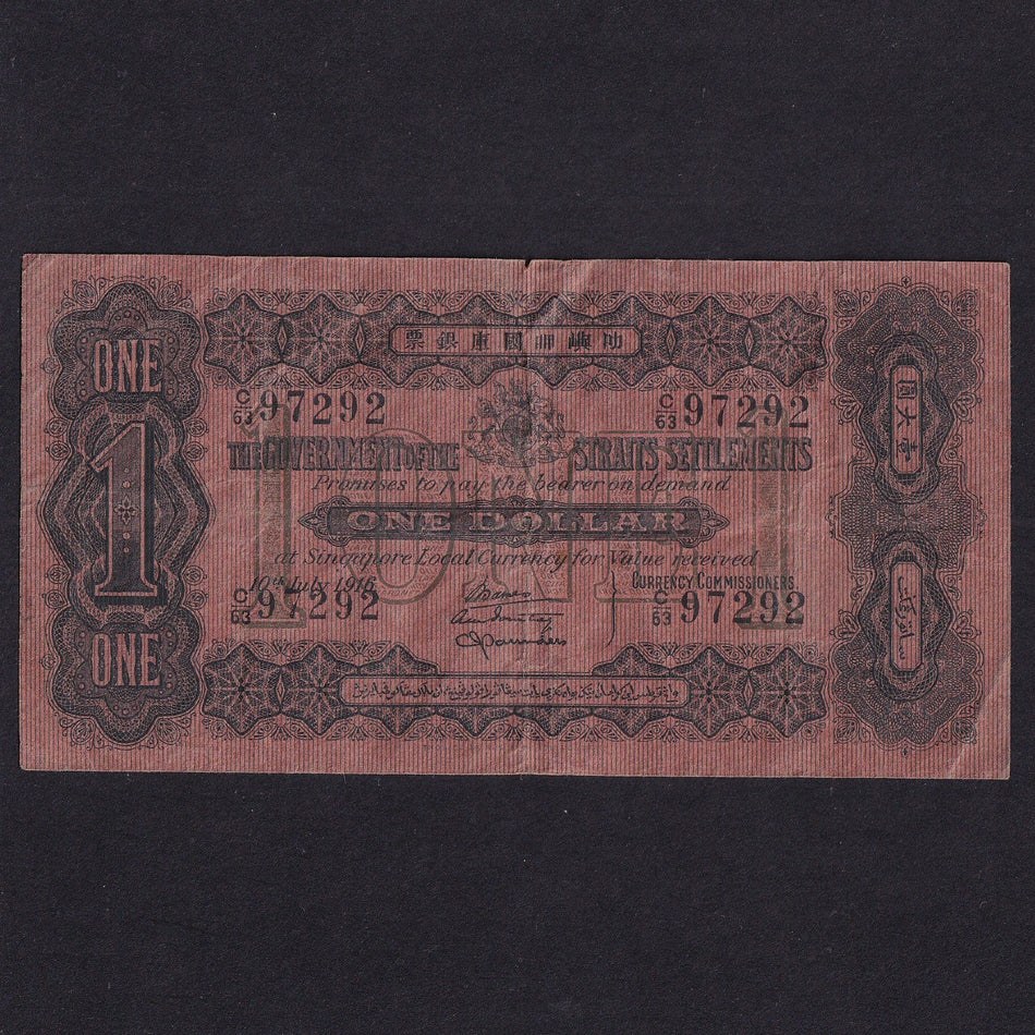 Straits Settlements (P1c) $1, 10th July 1916, C/63 97298, A/VF