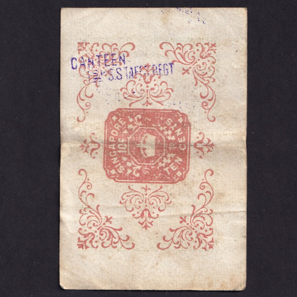 Straits Settlements (P6c) 10 Cents, 1920, Z/7 08974, ruse, but 'CANTEEN STAFFS REGT' on reverse, Fine/VF