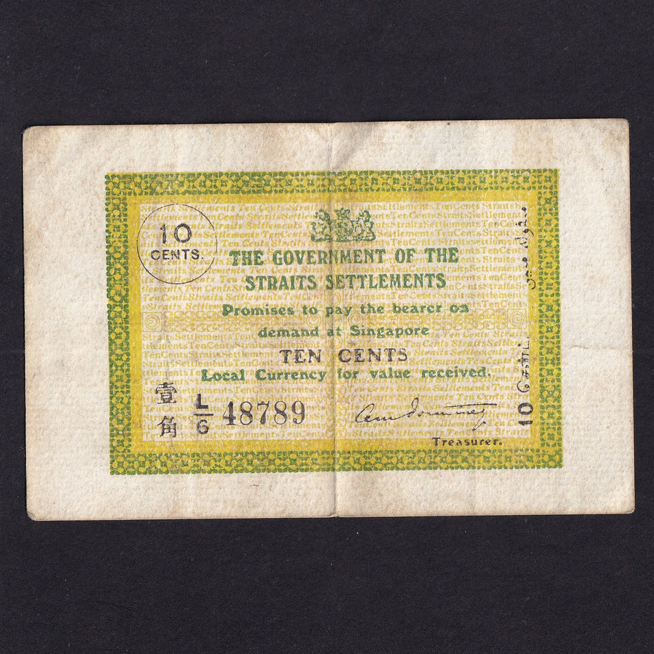 Straits Settlements (P6c) 10 Cents, 1920, L/6 48789, Fine/VF