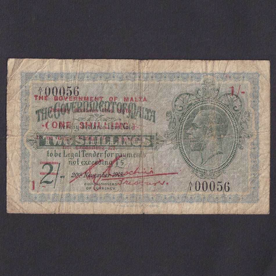 Malta (P15) 1/- overprint on 2/-, KGV, A/1 00056, VG