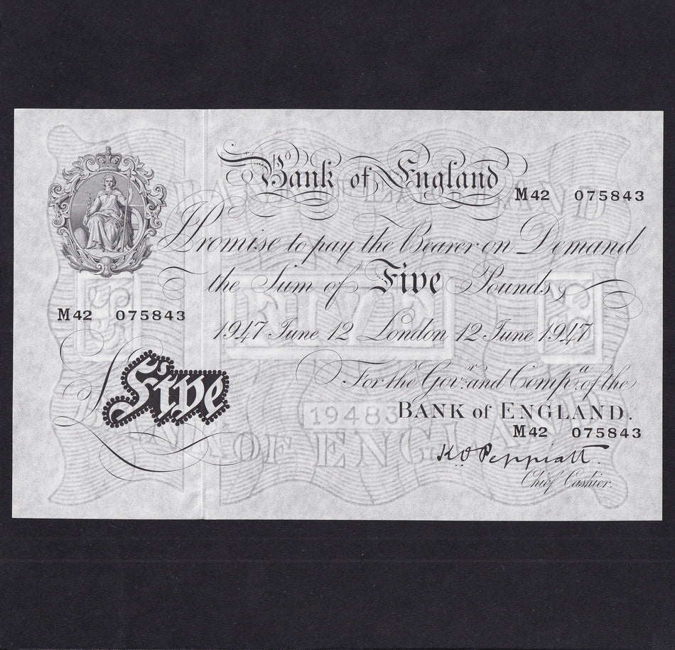 Bank of England (B264) Peppiatt, £5, 12 June 1947, M42 07584, serial indents on reverse, UNC
