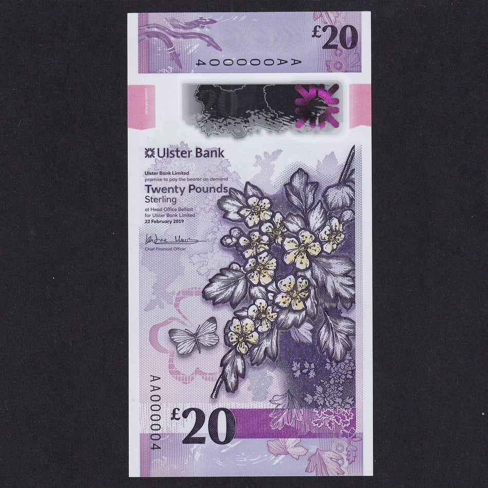 Northern Ireland, Ulster Bank, £20, 2019, AA000004, the lowest number available as the other notes in bank's archive, PMI UB101, UNC