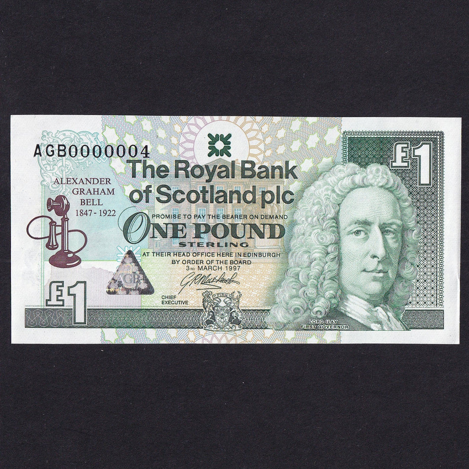 Scotland, Royal Bank of Scotland, £1, Alexander Graham Bell, AGB0000004, the lowest number available, PMS RB95, A/UNC