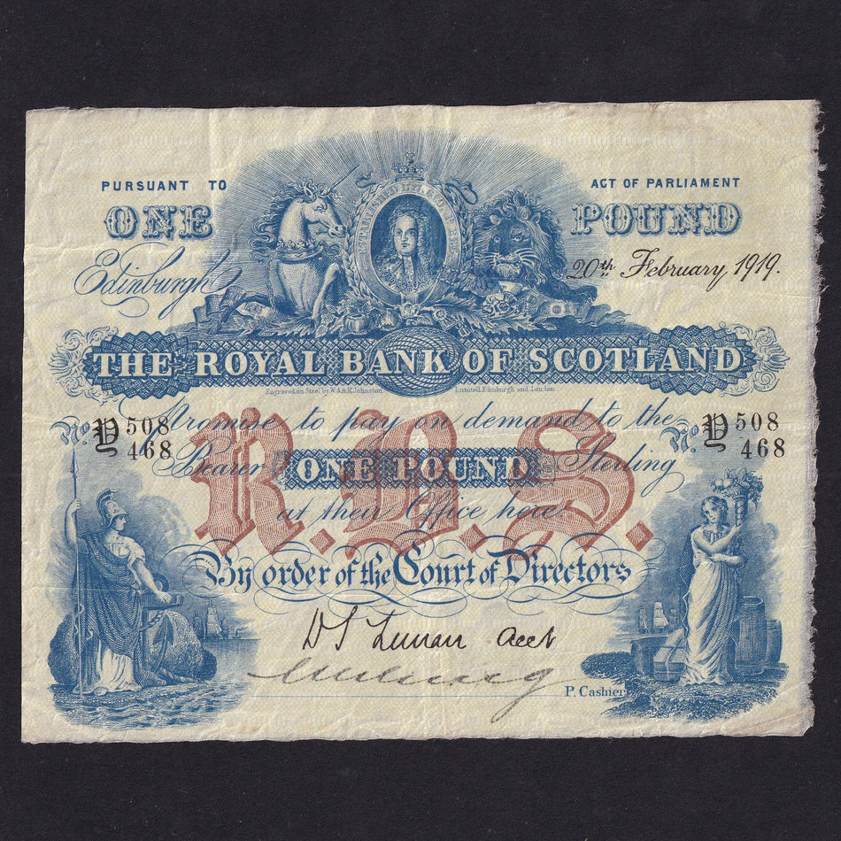 Scotland (P316d) Royal Bank of Scotland, £1, 20th February 1919, Lunan signature, Y 508/468, original VF