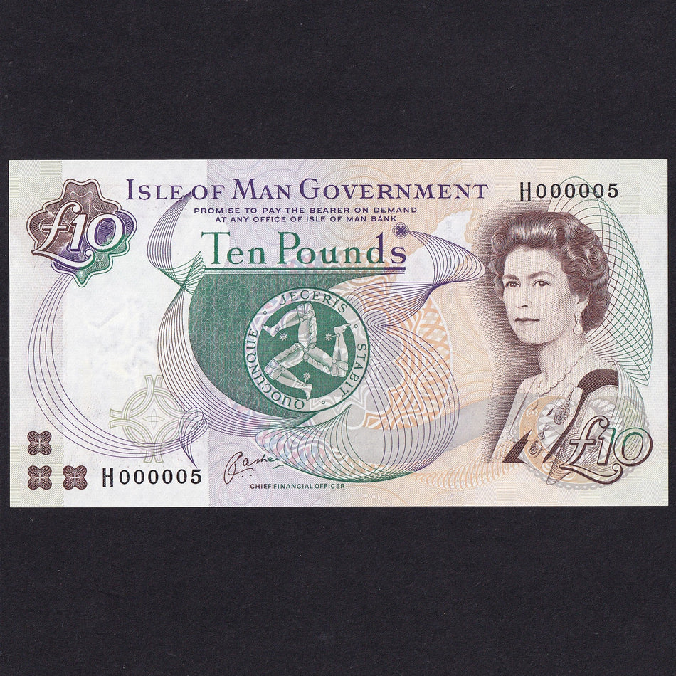 Isle of Man (P44a) £10, 1998, Cashen, H000005, low number, mid series M537, UNC