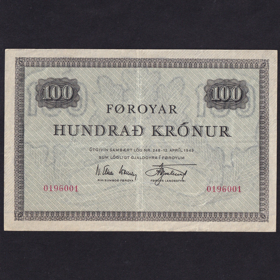 Faroe Islands (P15b) 100 Kroner, 1949, no.0196001, VF