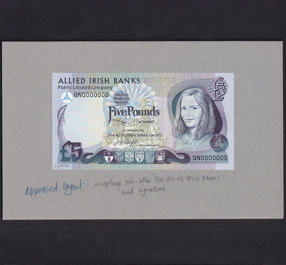 Northern Ireland (PA16?) Allied Irish Banks, £5 obverse proof, date 1st January 1982, O'Keeffe signature, UNC