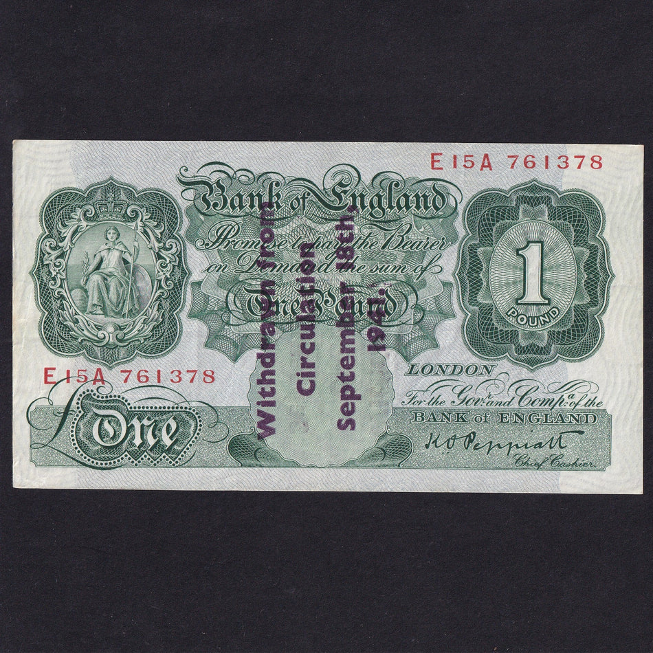 Bank of England (B239A) Peppiatt, £1, Withdrawn from circulation overprint, E15A 761378, Good EF
