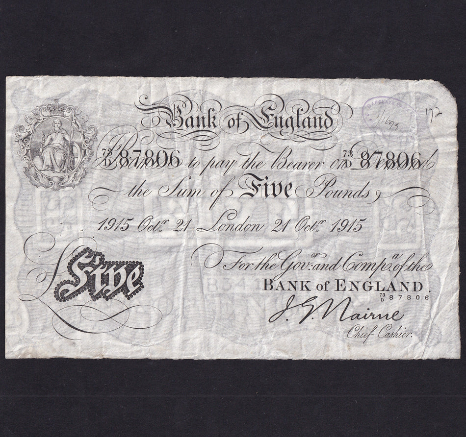 Bank of England (B208b) Nairne, £5, 21st October 1915, 73D 87806, handstamps, VF