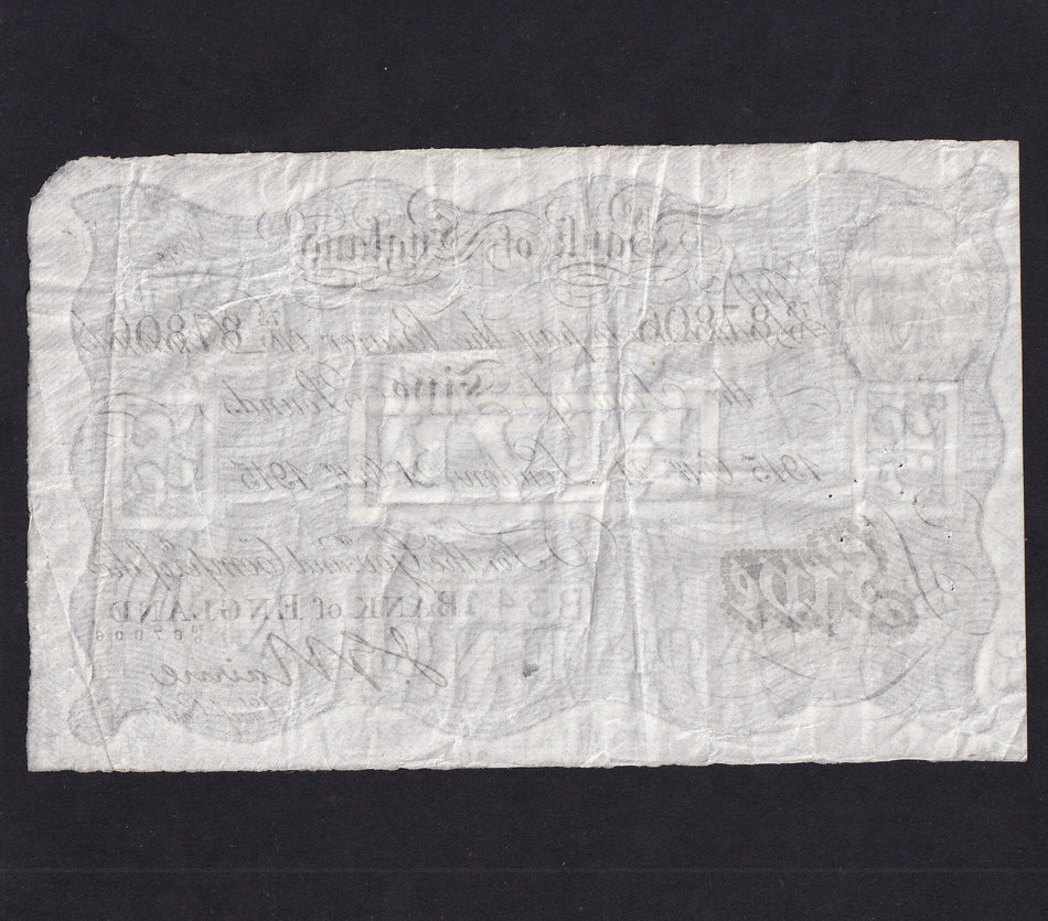 Bank of England (B208b) Nairne, £5, 21st October 1915, 73D 87806, handstamps, VF