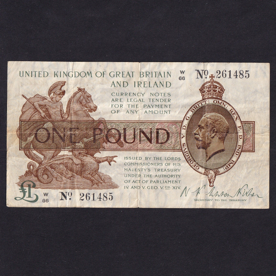 Treasury Series (T24) Fisher, £1, W66 261485, but on revers given by Prince of Wales June 1st 1923 nr Swansea?, small hole, Fine