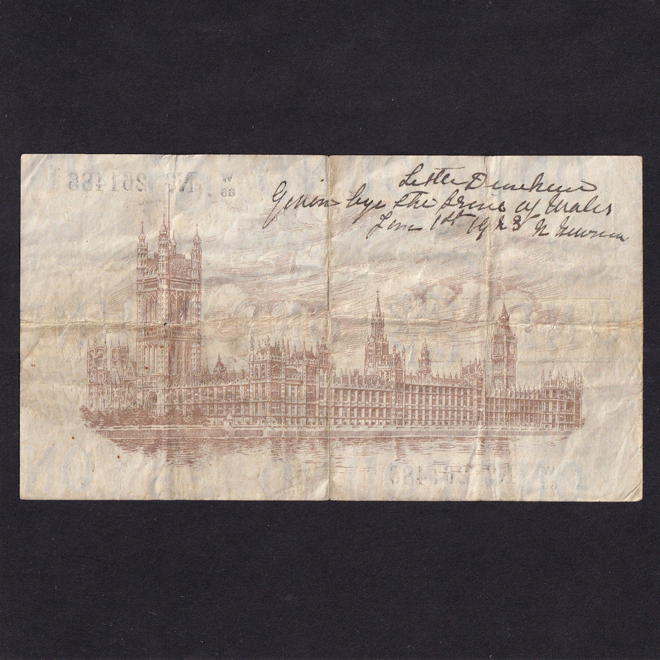 Treasury Series (T24) Fisher, £1, W66 261485, but on revers given by Prince of Wales June 1st 1923 nr Swansea?, small hole, Fine