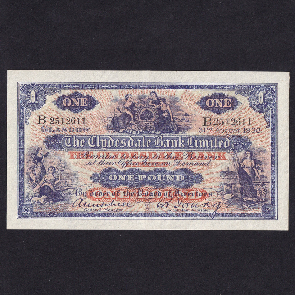 Scotland (P189b) Clydesdale Bank, £1, 31st August 1938, B2512611, Mitchell/ Young, PMS CL19b, centre fold, A/UNC
