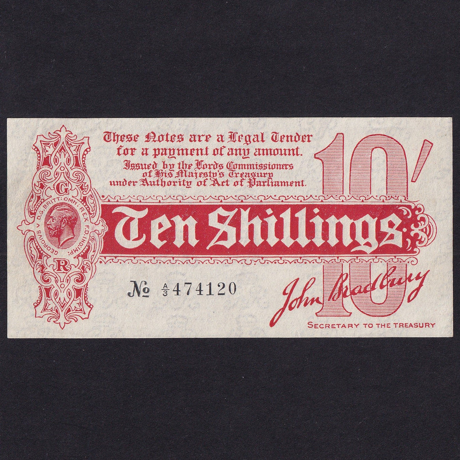 Treasury Series (T9) Bradbury, 10 Shillings, 1914, A/3 474120, handstamp on reverse '17 AUG 1914', A/EF