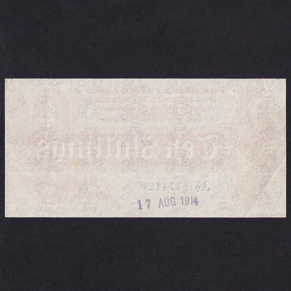 Treasury Series (T9) Bradbury, 10 Shillings, 1914, A/3 474120, handstamp on reverse '17 AUG 1914', A/EF