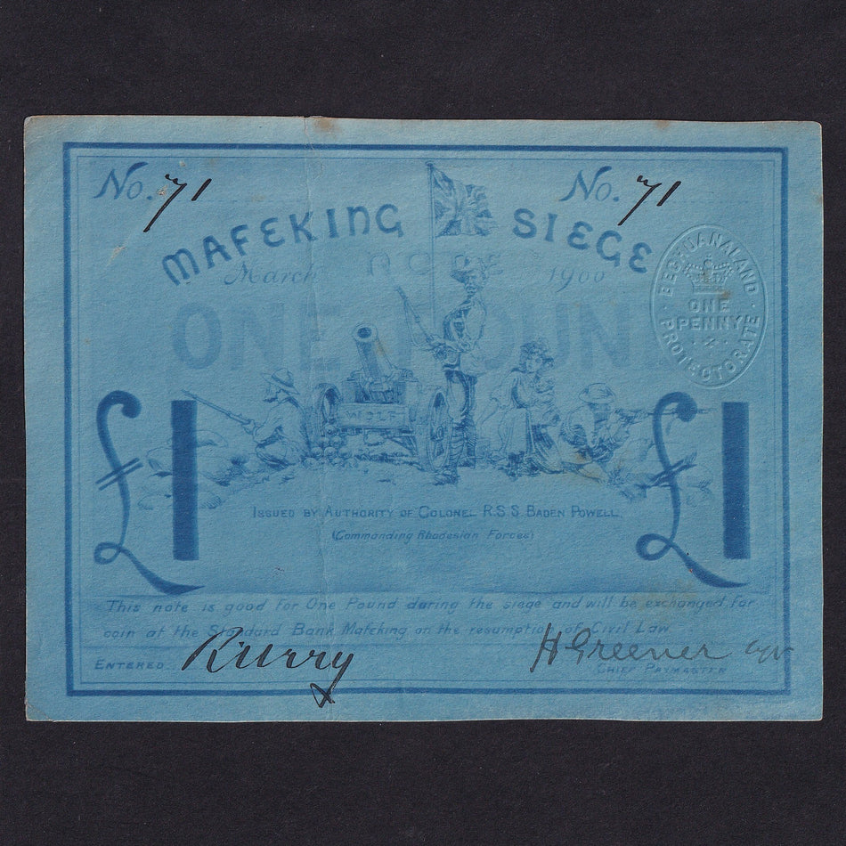 South Africa (PS655a) Makefing Siege, £1, 1900, No.71, Garter Arms watermark, small tear with tape, rust and staple hole, otherwise VF