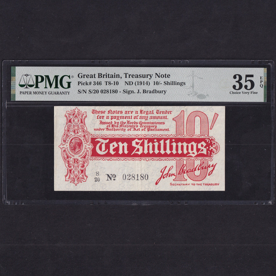 Treasury Series (T8) Bradbury, 10 Shillings, 1914, S/20, No. 028180, PMG35, VF