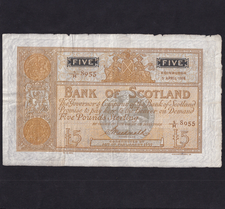 Scotland (P82c) Bank of Scotland, £5, 5th April 1918, Macdonald signature, 4/H 8955, PMS90d, scarce note, A/VF