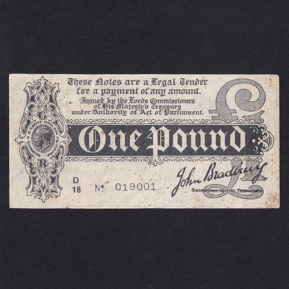 Treasury Series (T5 type 3a) Bradbury, £1, D18, No. 019001, 'No' 4mm, rust and pinholes, Good Fine