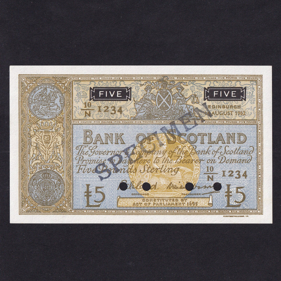 Scotland, Bank of Scotland, £5 specimen essay in blue, never issued, 14th August 1962, Bilsland/ Wilson, 10/N 1234, BA107b, UNC