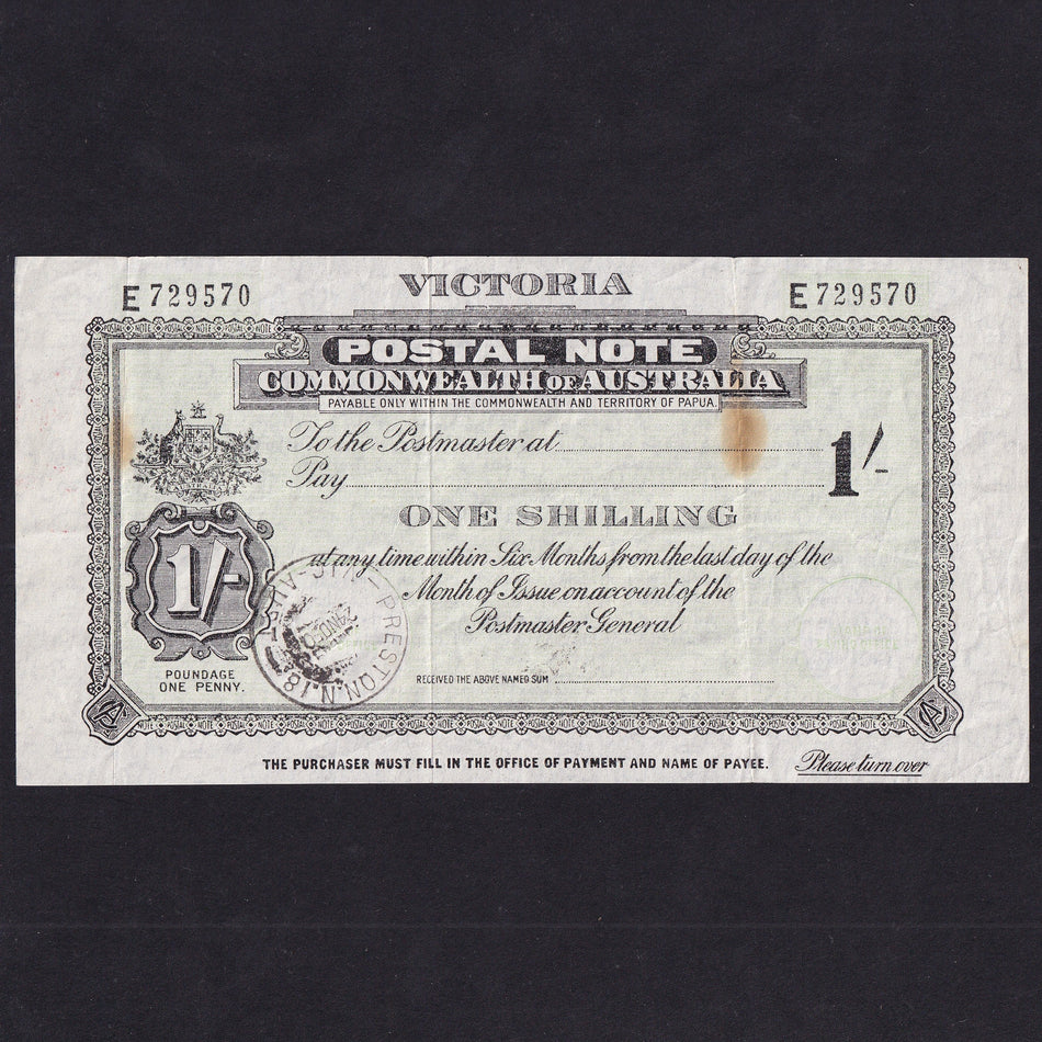 Australia, 1 Shilling postal order, 24th November 1950, Preston, Victoria, E729570, rust marks, VF