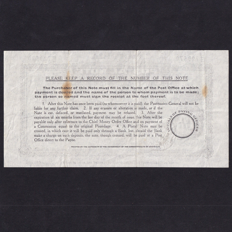 Australia, 1 Shilling postal order, 24th November 1950, Preston, Victoria, E729570, rust marks, VF